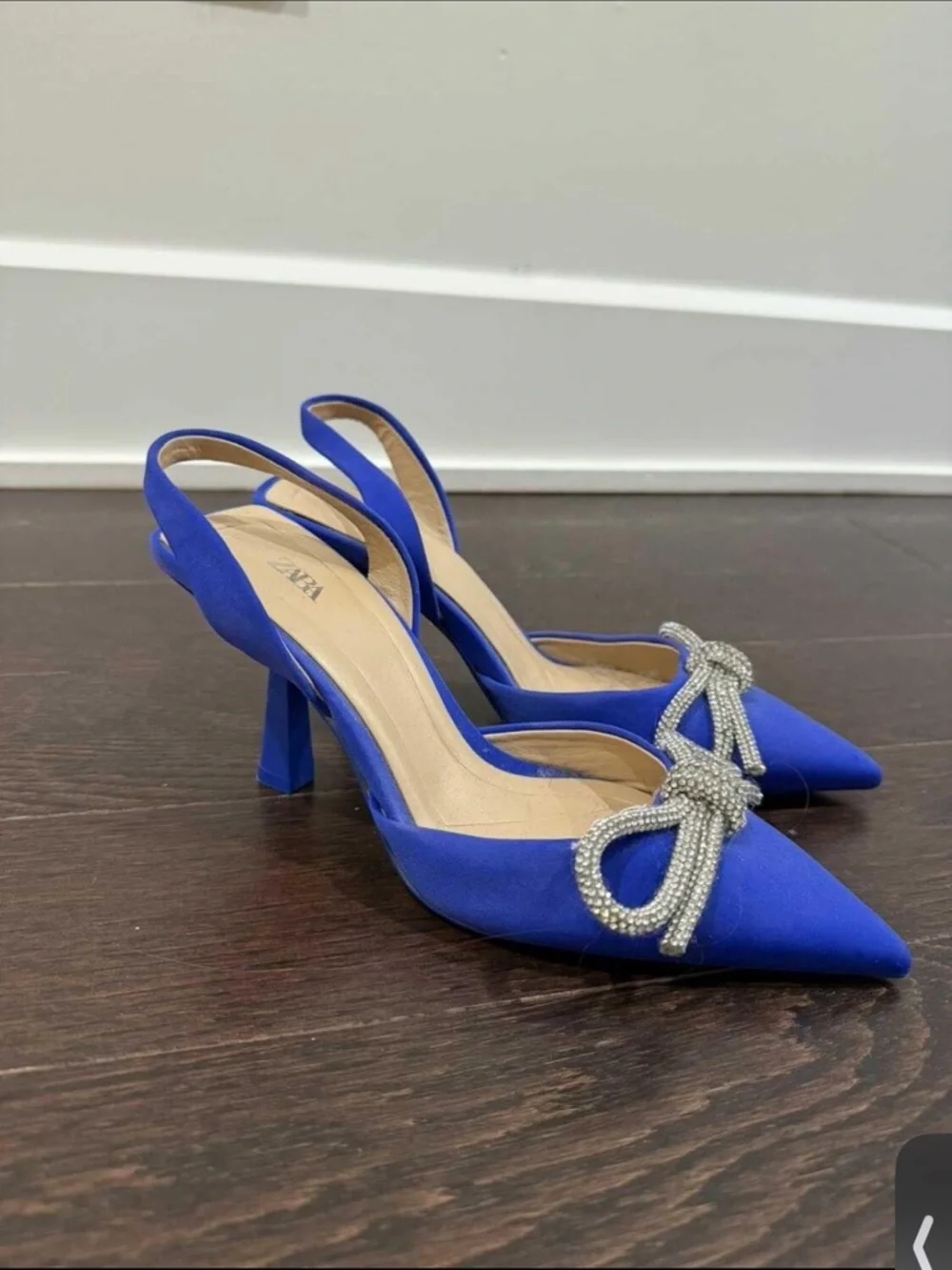 Zara Cobalt Blue Pointed Slingback Heels with Crystal Bow Accent - Picture 2 of 4